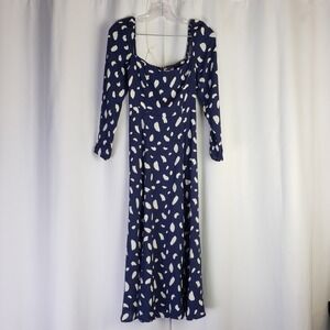 Reformation Size 0 Sigmund Dress Navy Blue White Abstract Print Midi Square Neck